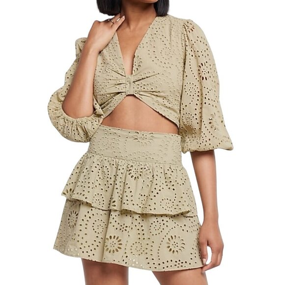 Express Dresses & Skirts - Express Eyelit Tiered Mini Skirt & Matching Women's Puffed Sleeve Cropped Top XS